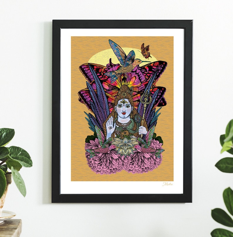 May include: A colorful illustration of Shiva, a Hindu deity, surrounded by butterflies, flowers, and birds. The image is set against a gold background.
