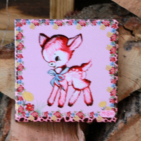 Pink Fawn Kawaii Retro Kitsch Ceramic Tile 6'' x 6'' Trivet Coaster By Msdre