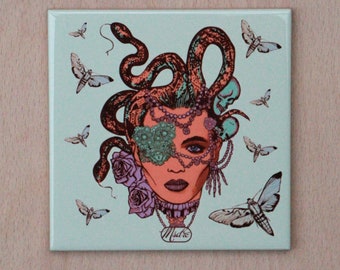 Medusa Pastel Green Goddess Floral Decorative Ceramic Tile Small 10.5 cms Trivet Coaster By Msdre