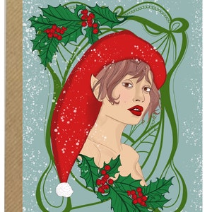May include: A Christmas card featuring a woman with elf ears wearing a red Santa hat and a green holly wreath. The background is a light blue with a white snow effect.