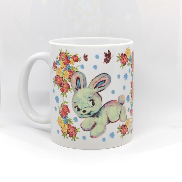 Bunny Rabbit Vintage Kitsch Mug Cup  By Illustration Artist Msdre