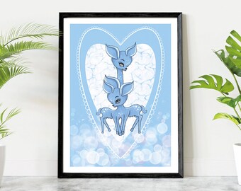May include: Two blue stylized deer with white spots stand inside a white heart on a light blue background with white polka dots.