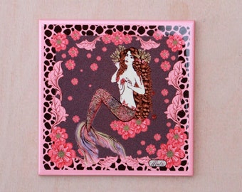 Mermaid  Pink Goddess Floral Decorative Ceramic Tile Small 10.5 cms Trivet Coaster By Msdre