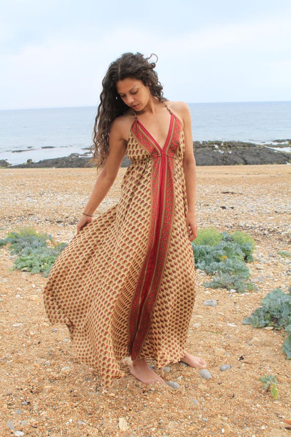 brown gypsy dress Goddess Floral Summer Beach – Boho Maxi – One of a Kind – Size S/M (fits UK 8–14) traditional gypsy clothing