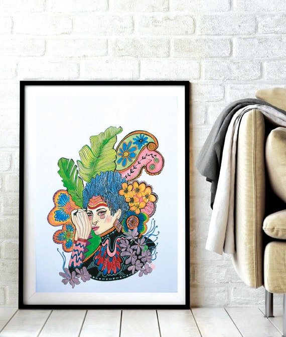 アフロフューチャリズム 青い髪 花柄 オリジナル絵画 イラスト Msdre