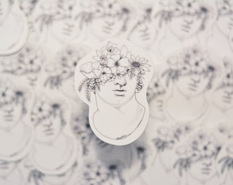 Pegatina de vinilo con busto de mármol "Cabeza llena de flores"
