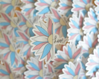 Pegatina de vinilo transparente con flor del orgullo trans