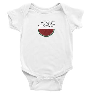 Palestine Baby Bodysuit – Arabic Embroidery & Watermelon Slice, Short Sleeve Onesie