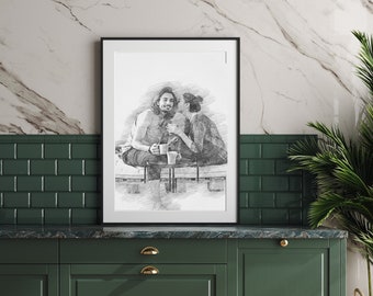 Inramad personlig porträttskiss från foto - Anpassad blyertsteckning - Inramad poster