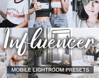 May include: A collage featuring multiple lifestyle images. The word "Influencer" is written in a cursive font across the center. Below, the text reads "MOBILE LIGHTROOM PRESETS". The images show people using phones, and a clothing rack.