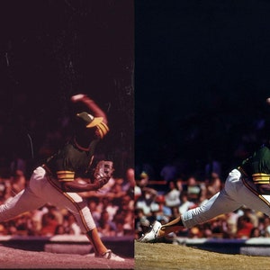 May include: A baseball pitcher in a green and gold uniform throws a pitch during a game. The pitcher is wearing a cap, jersey, and pants. The background shows a crowd of spectators in the stands.