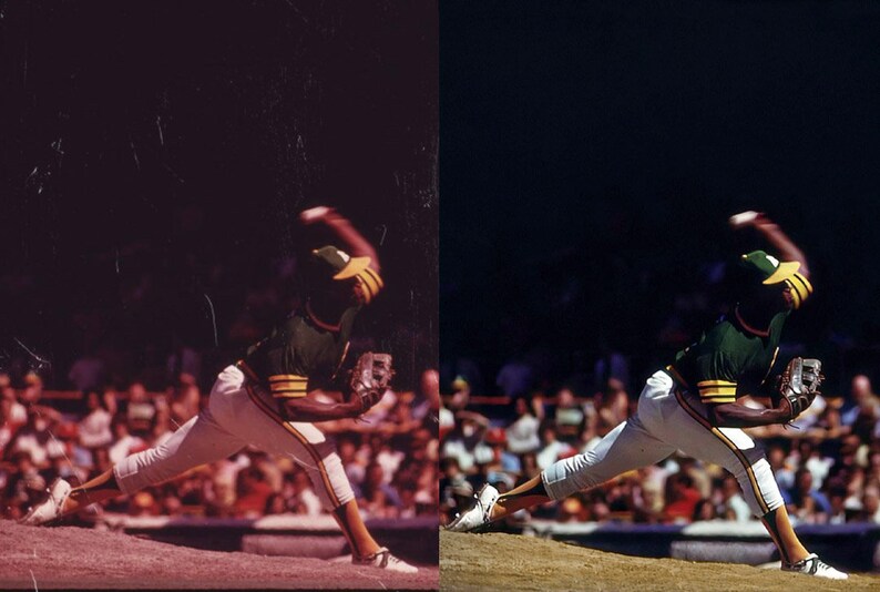 May include: A baseball pitcher in a green and gold uniform throws a pitch during a game. The pitcher is wearing a cap, jersey, and pants. The background shows a crowd of spectators in the stands.