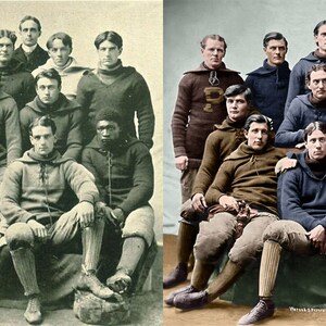 May include: A vintage team photo featuring a group of men in football uniforms. The players are seated and standing, wearing dark-colored sweaters, pants, and striped socks. A young boy is seated in the center. The photo is in sepia tones.