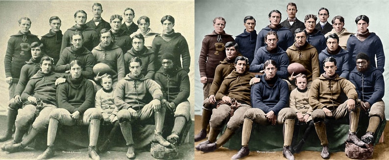 May include: A vintage team photo featuring a group of men in football uniforms. The players are seated and standing, wearing dark-colored sweaters, pants, and striped socks. A young boy is seated in the center. The photo is in sepia tones.