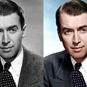May include: A side-by-side portrait of a man in a suit and tie. The left side is a black and white image, while the right side is colorized. The man has dark hair and is wearing a dark suit with a white collared shirt and a patterned tie.