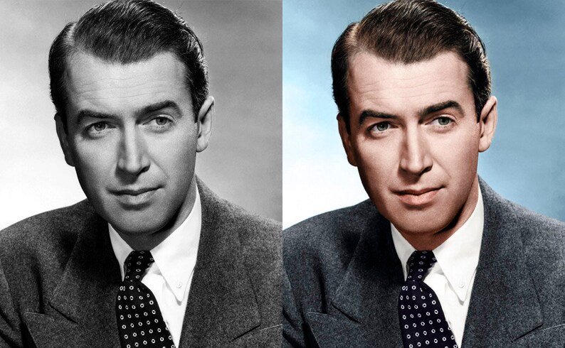 May include: A side-by-side portrait of a man in a suit and tie. The left side is a black and white image, while the right side is colorized. The man has dark hair and is wearing a dark suit with a white collared shirt and a patterned tie.