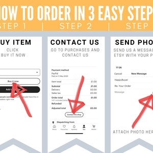 May include: Graphic showing a guide on how to order in three steps. The steps include buying an item, contacting the seller, and sending a photo. Text includes "Buy Item", "Contact Us", and "Send Photo".