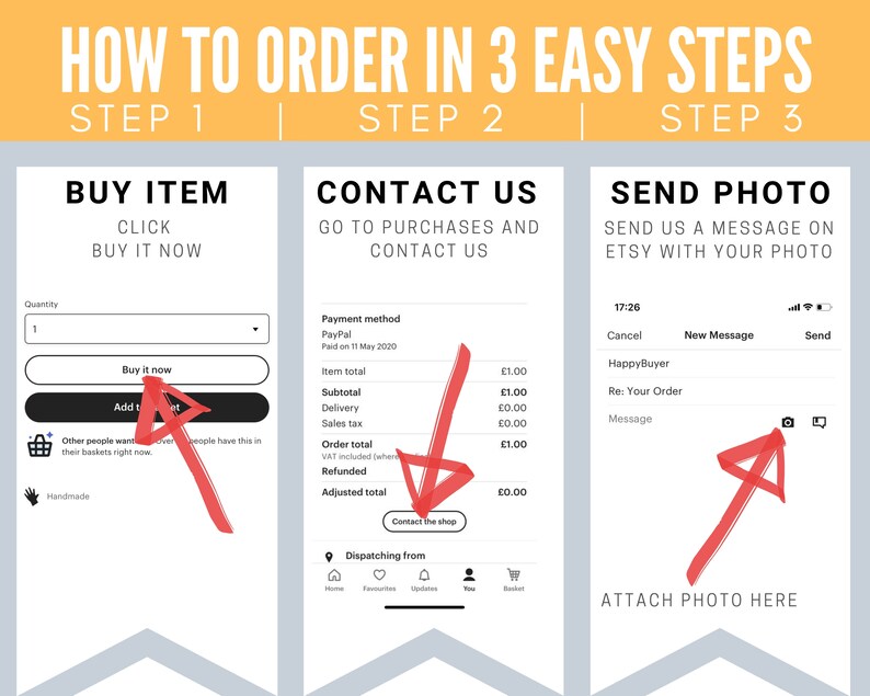 May include: Graphic showing a guide on how to order in three steps. The steps include buying an item, contacting the seller, and sending a photo. Text includes "Buy Item", "Contact Us", and "Send Photo".