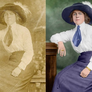 May include: A vintage portrait of a person wearing a white blouse, a blue skirt, and a matching hat with a feather. The person is leaning on a wooden railing, with a blue tie and gold jewelry.