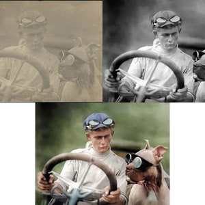 May include: Vintage photograph of a man in a racing uniform and goggles, holding a steering wheel. A dog wearing goggles sits beside him. The image is in sepia tones, with a focus on the man and dog, evoking a sense of nostalgia and adventure.