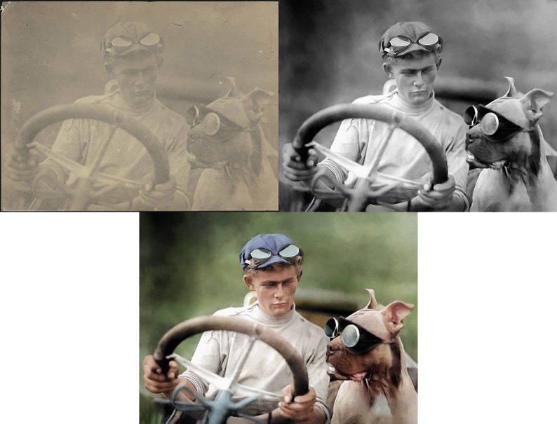 May include: Vintage photograph of a man in a racing uniform and goggles, holding a steering wheel. A dog wearing goggles sits beside him. The image is in sepia tones, with a focus on the man and dog, evoking a sense of nostalgia and adventure.