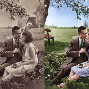 May include: A sepia-toned and colorized image of a couple seated outdoors, holding hands. The man wears a suit and tie, the woman a floral dress. A bench, trees, and a house are in the background, suggesting a romantic setting.