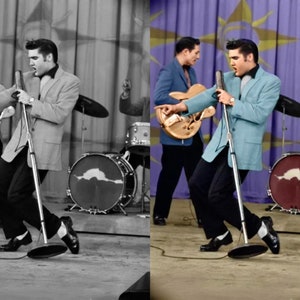 May include: A black and white and color photograph of a man singing into a microphone on a stage. He wears a light blue jacket, black pants, and black shoes. Other musicians play guitars and drums in the background.