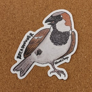 Op de afbeelding: Een sticker van een bruine en grijze mus met een witte borst en een zwart oog. De sticker heeft de tekst "BREADWINNER" verticaal geschreven aan de linkerkant en "@heart2heap" horizontaal geschreven rechtsonder.