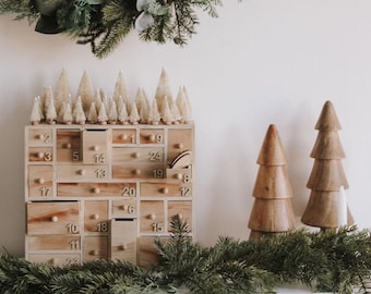 PRE-ORDER Handcrafted Heirloom Wooden Advent Calendar (24 boxes) w/ Bottle Brush Trees | Christmas