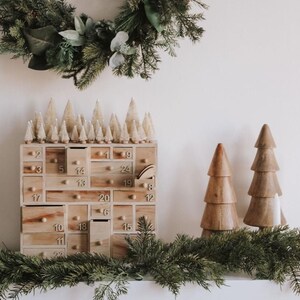 2024 PRE-ORDER Handcrafted Heirloom Wooden Advent Calendar 24 boxes w/ Bottle Brush Trees Christmas image 2