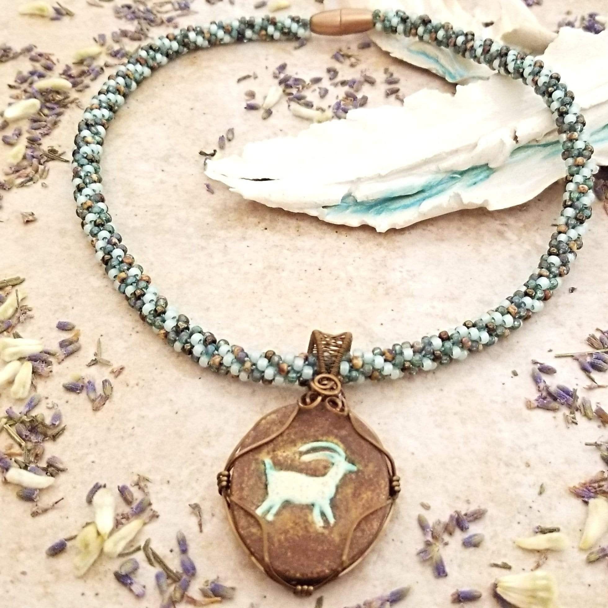 Copper Wire Wrapped Pendant, Goat Jewelry, Kumihimo Necklace