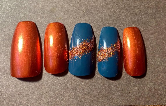 Fall Bronze Teal Short Coffin Press On Nails Etsy