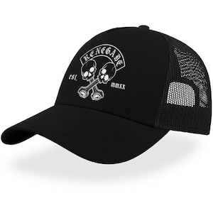 May include: Black trucker hat with a white graphic featuring two skulls crossed with a wrench, the word "RENEGADE" arched above, and the text "est. mmxx". The hat has a mesh back.