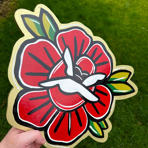 Traditional Rose Hand Painted on Wood | Tattoo Flash Style Old School Rose