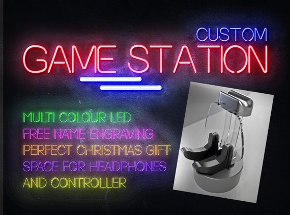 Personalised Neon Blue Gamer Games Station Controller Stand Holder LED lights | Custom Name Engraved Game Station | Xbox PS4 PS5