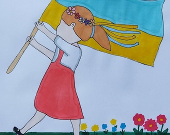 Kinderzeichnung Ukraine. Bitte für die Ukraine. Malerei von den Händen eines Kindes. Friede der Ukraine. Ukrainische Flagge