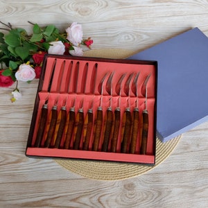 Vintage cutlery set Stainless steel and wood Forks and Knives A set of forks and knives in a box for 6 persons Gift set of cutlery