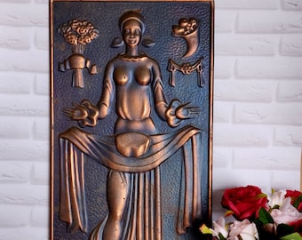 Vintage chasing pattern on metal woman with bread and salt vintage metal 3D painting painting on metal &quot;Ukrainian woman&quot;