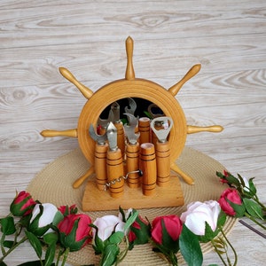 Vintage set of openers made of wood Gift for a sailor Decor for the ship Vintage corkscrew Decor for the kitchen Souvenir ship's wheel