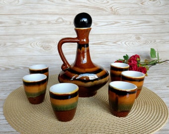 A set of earthenware decanter and glasses Drinking set for 6 persons Vintage drinking set made of clay Decanter and glasses of the ussr