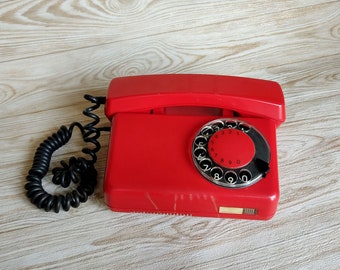 Old rotary dial telephone Vintage red phone Retro telephone red Desktop wired telephone Stationary phone Polish phone