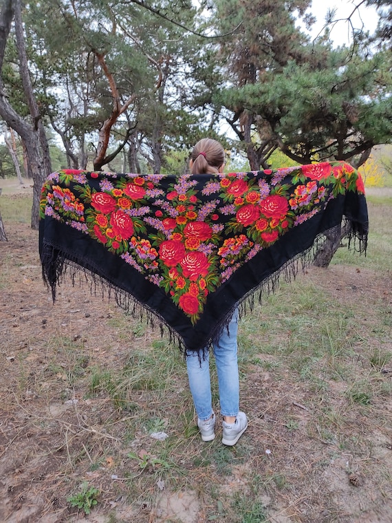 Old Black Shawl with Flowers. 153cm * 150cm. Large