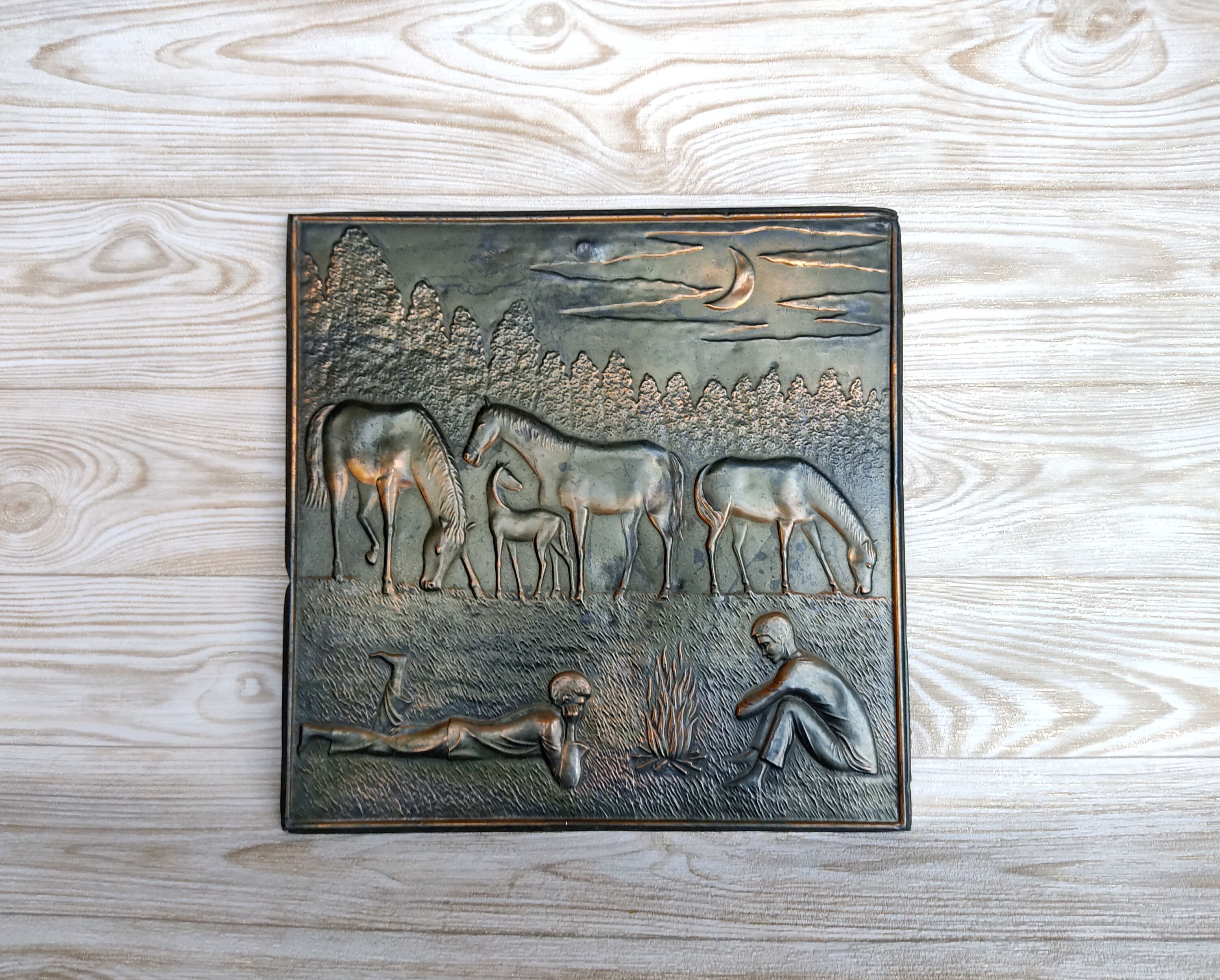 Vintage pattern copper chasing Horses Copper 3D painting horse shepherds Wall decor Metal painting with horses Chasing embossing
