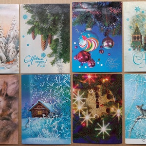 Conjunto de 8 tarjetas vintage de Feliz Año Nuevo Tarjetas de felicitación soviéticas Postales antiguas Tarjetas navideñas de la URSS Postales vintage sin firmar