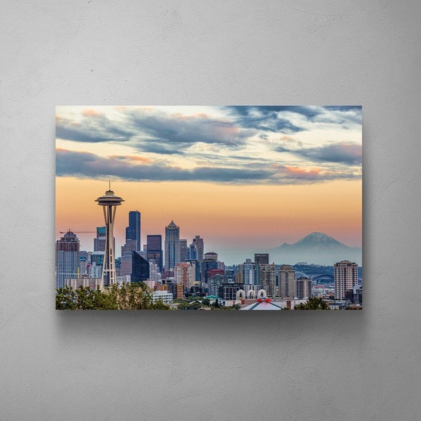 SEATTLE WALL ART, Seattle Skyline Space Needle, Sunset Mountain Background, Canvas Wall Art, Printable Wall Art, Apartment Decor, Seattle