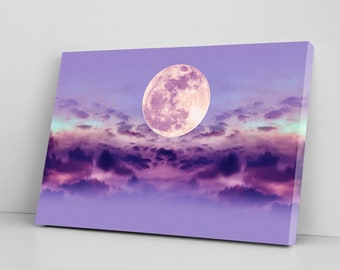 May include: A large, full moon in shades of pink and white is seen through a layer of purple and pink clouds. The moon is centred in the image and appears to be floating above the clouds.
