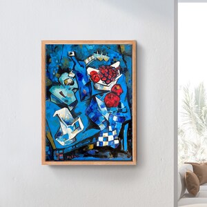 May include: A painting of a still life with a blue background. The painting features a bowl of red fruit, a checkered tablecloth, and a white pitcher.
