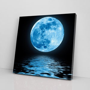 Full Blue Moon Over Water With Reflections, Canvas Wall Art, Apartment Decor, Room Decor, Moon Decor, Housewarming Gift, Free shipping