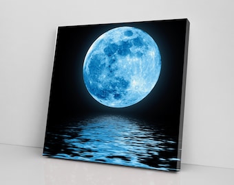 Full Blue Moon Over Water With Reflections, Canvas Wall Art, Apartment Decor, Room Decor, Moon Decor, Housewarming Gift, Free shipping