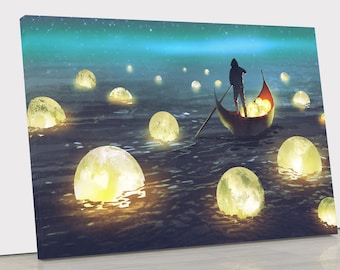 Glowing Moons Canvas Wall Art, Minimalist Night Scene